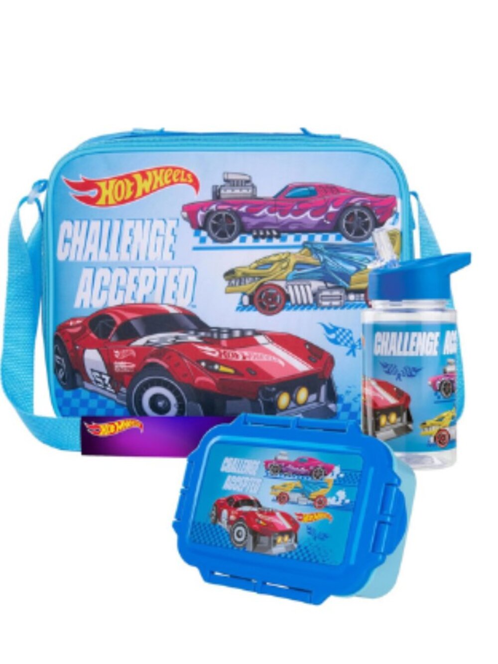 Hot Wheels Kids 3 Pc Lunch Set Insulated Lunch Bag Water Bottle Lunch Box Blue